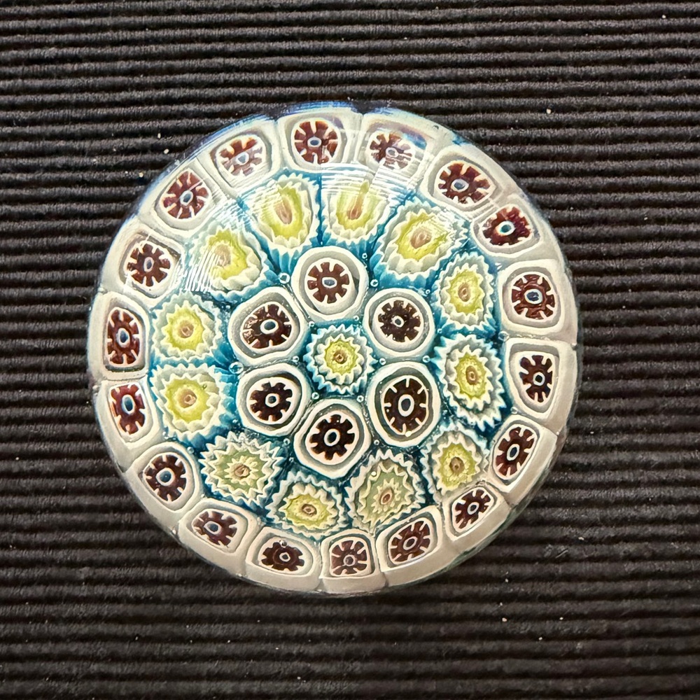 Vintage Murano Millefiori Art Glass Paperweight: Coral Flower Design